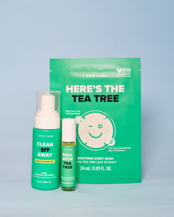 I DEW CARE Tea Tree-o Starter Kit (Acne Foaming Cleanser, Sheet Mask&Rroll-on Face oil)